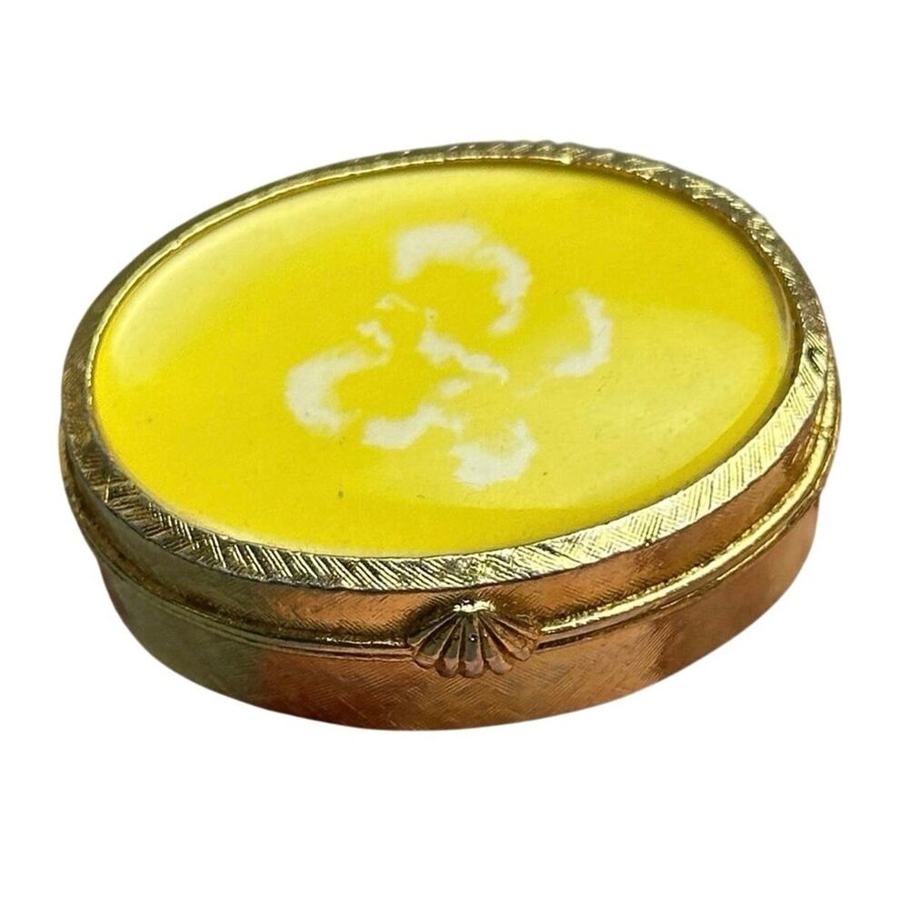 Vintage Tuvache butterfly perfume compact pill trinket box yellow oval snap